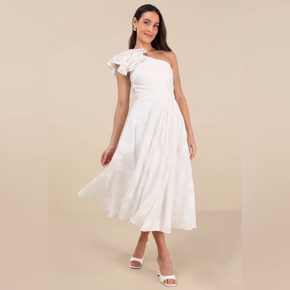Worn once ✨ Sweet Definition White Burnout Ruffled One Shoulder Midi Dress Lulus